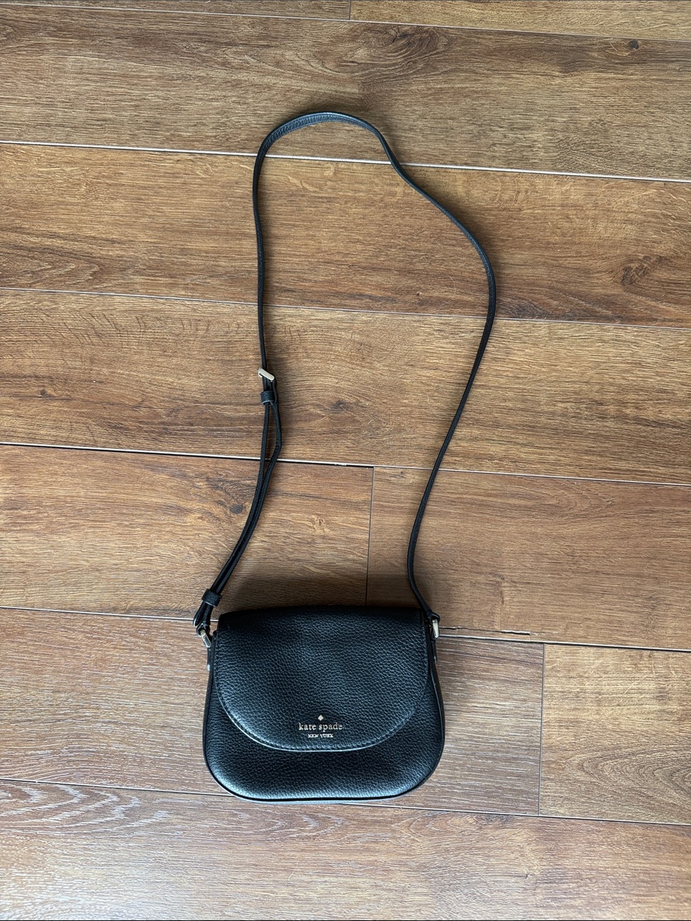 Kate Spade Mini Leila Flap Black Pebbled Leather Crossbody with Gold Logo